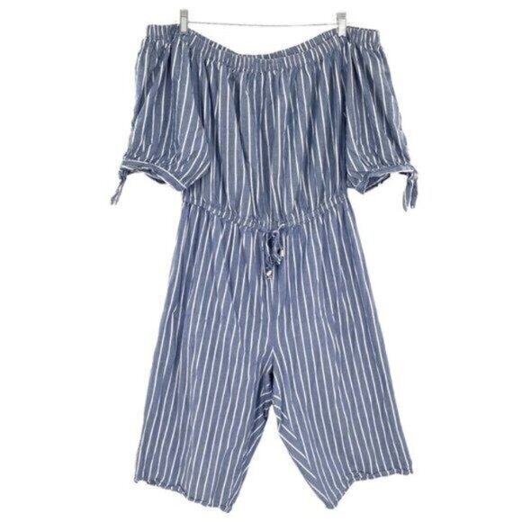 Blush Blue Striped Off-Shoulder Jumpsuit Cropped Wide Leg Romper - Picture 1 of 10